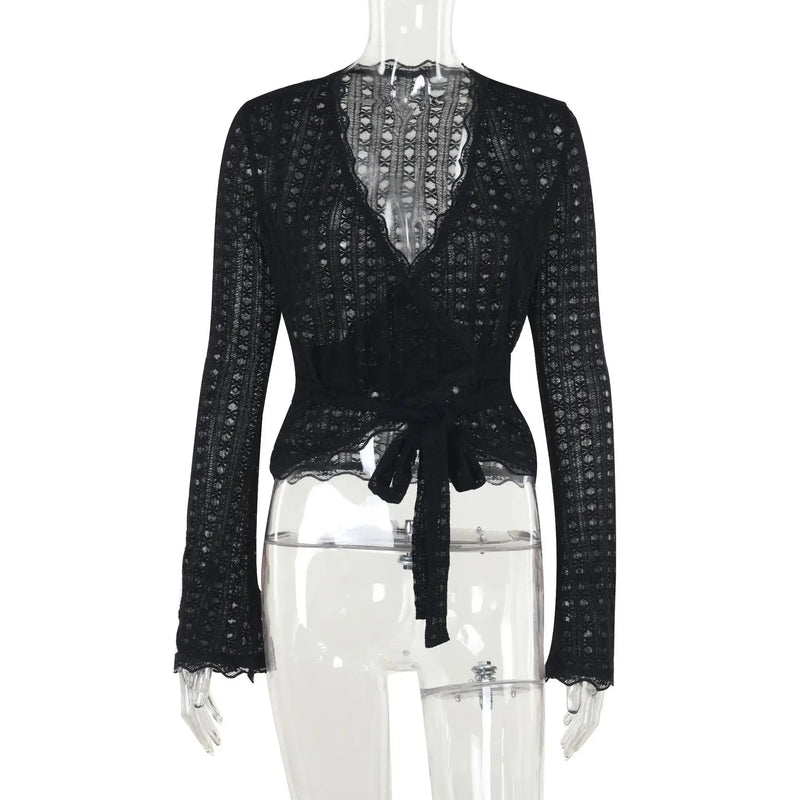 Women's T-shirt New Autumn Club Party Sexy Lace Tees Streetwear Fashion Long Sleeves T-shirt Lady Versatile Casual Slim Clothing - Mein Shop