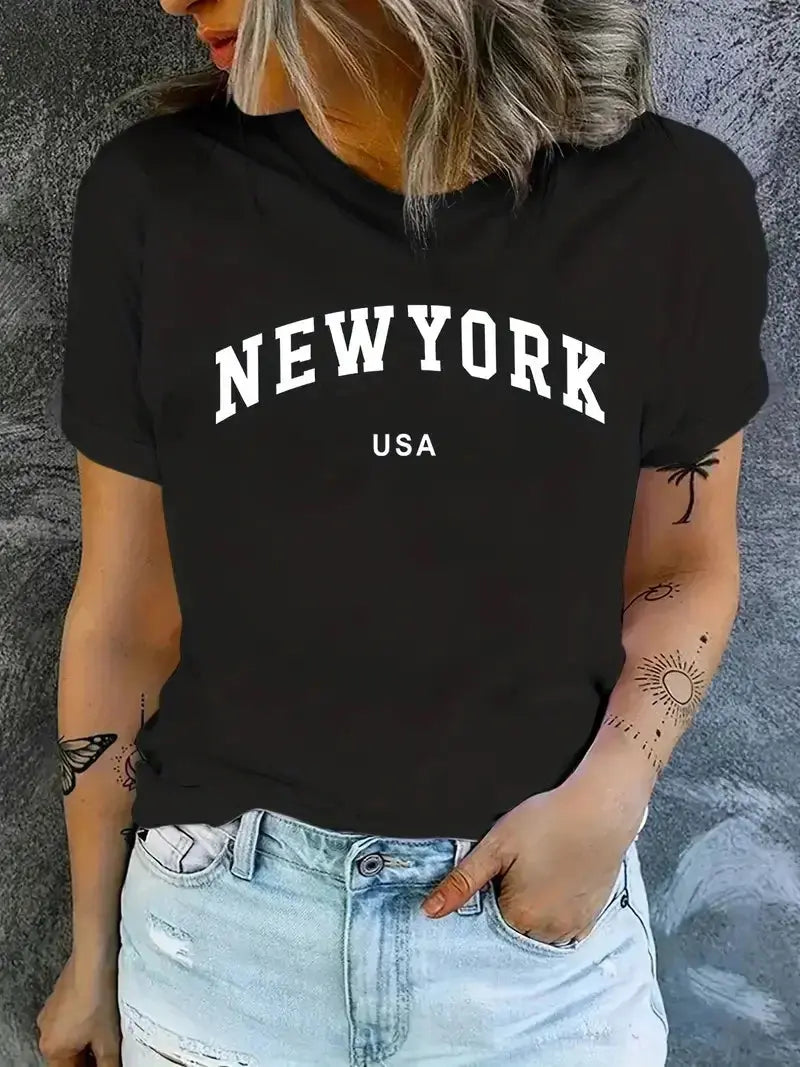 Women T Shirt Cartoon NEW YORK Letter Print Crew Neck Loose Top Tee Black T-shirt Female 90s Girls Graphic - Mein Shop