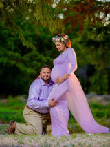 Schwangerenkleider Fotoshooting mit langen Ärmeln und V-Ausschnitt, elegante Mesh-Robe mit Bodenschleppe für Schwangerschaftsfotos und Babypartys