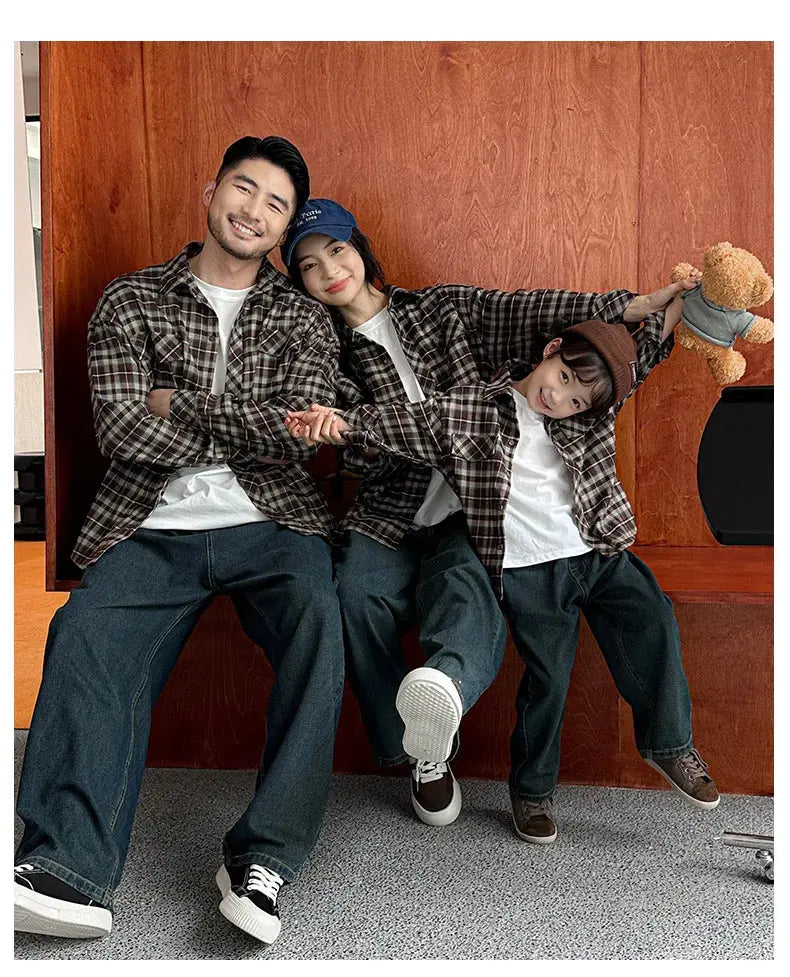 Equal Family Plaid Shirts Autumn Father Mother and Daughter Son Same Long Sleeve Tops Korean Vintage Parent-child Jacket Coat - Mein Shop