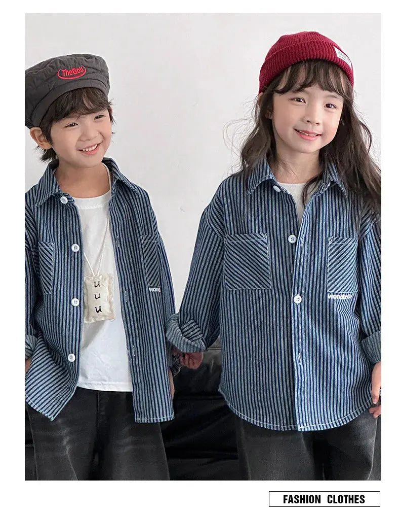 Family Cotton Denim Shirts Parent-child Fashion Clothes Mother and Daughter Jacket Korean Father and Son Same Stripe Coat Tops - Mein Shop
