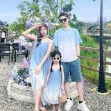 Family Fashion Beach Mother Father and Girl Boy Blue Clothes Vacation Look Mom Daughter Holiday Dress Korean Dad Son T Shirts