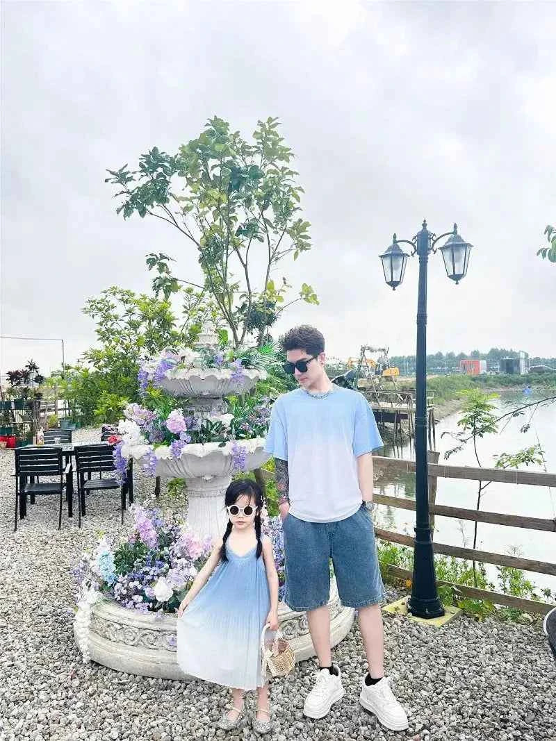 Family Fashion Beach Mother Father and Girl Boy Blue Clothes Vacation Look Mom Daughter Holiday Dress Korean Dad Son T Shirts