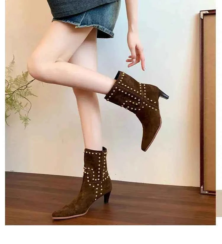 New Trend 2025 Autumn and Winter Rivet Fashion High Heel Chelsea Boots Pointed and Nude Boots High Heels Stiletto Western Boots