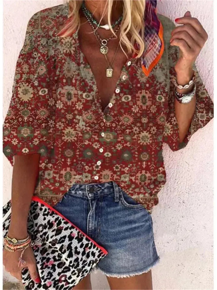 2024 New Women's Shirts & Blouses Fashion Vintage Printed Casual Vacation Bohemian Style Lady Single-breasted Shirt Streetwear - Mein Shop