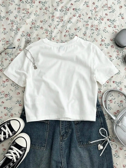 Women short Sleeve T Shirt summer Solid Slim Fit Casual Shirts Female Pullovers Basic Tee Clothes Street wear Crop Tops - Mein Shop