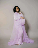 Schwangerenkleider Fotoshooting mit langen Ärmeln und V-Ausschnitt, elegante Mesh-Robe mit Bodenschleppe für Schwangerschaftsfotos und Babypartys