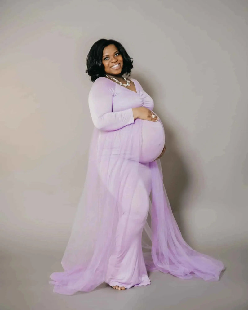 Schwangerenkleider Fotoshooting mit langen Ärmeln und V-Ausschnitt, elegante Mesh-Robe mit Bodenschleppe für Schwangerschaftsfotos und Babypartys