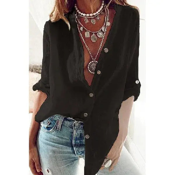 White Shirt for Women Long-sleeved Blouses Cotton Solid Color Loose V-neck Black Top Simple Casual Shirt for Female - Mein Shop