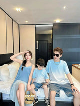 Family Fashion Beach Mother Father and Girl Boy Blue Clothes Vacation Look Mom Daughter Holiday Dress Korean Dad Son T Shirts