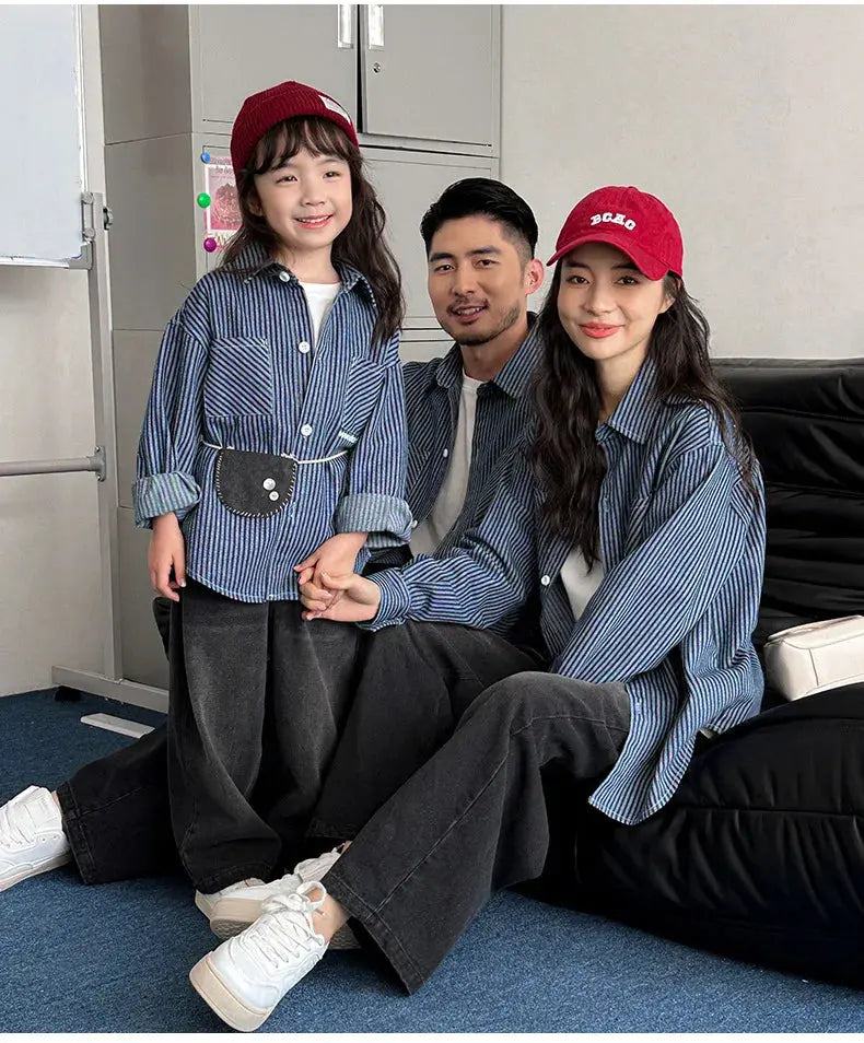 Family Cotton Denim Shirts Parent-child Fashion Clothes Mother and Daughter Jacket Korean Father and Son Same Stripe Coat Tops - Mein Shop