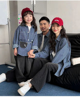 Family Cotton Denim Shirts Parent-child Fashion Clothes Mother and Daughter Jacket Korean Father and Son Same Stripe Coat Tops - Mein Shop