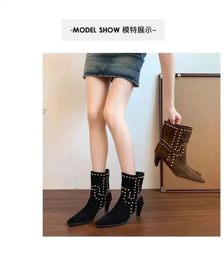 New Trend 2025 Autumn and Winter Rivet Fashion High Heel Chelsea Boots Pointed and Nude Boots High Heels Stiletto Western Boots