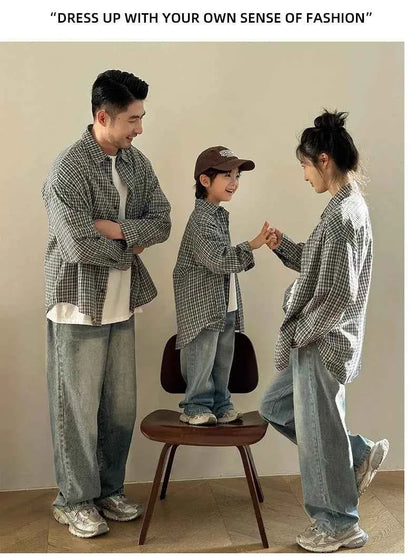 Matching Family Plaid Shirts Dad Mom and Boys Girls Fashion Clothes Korean Father Mother and Daughter Son Same Clothing Jacket