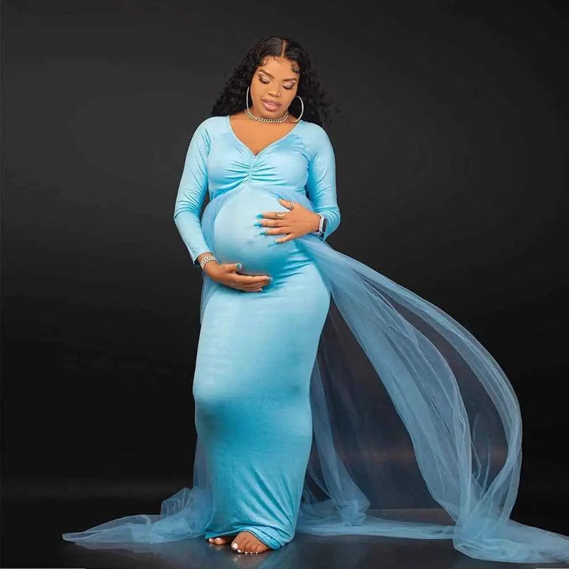 Schwangerenkleider Fotoshooting mit langen Ärmeln und V-Ausschnitt, elegante Mesh-Robe mit Bodenschleppe für Schwangerschaftsfotos und Babypartys