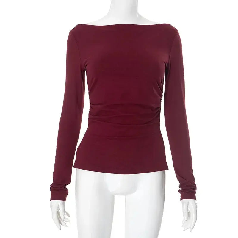 Wine Red T-shirts for Women 2025 Autumn Long Sleeve Split Slim Fit Tee Shirt Female Clothing Y2K Tunics Crop Tops Streetwear - Mein Shop