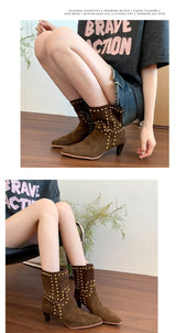New Trend 2025 Autumn and Winter Rivet Fashion High Heel Chelsea Boots Pointed and Nude Boots High Heels Stiletto Western Boots