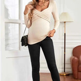 Mode für schwangere Frauen - Kreuzwickel-Longsleeve mit Herz-Ausschnitt, Rippstruktur, T-Shirt für Schwangere, Herbst/Winter