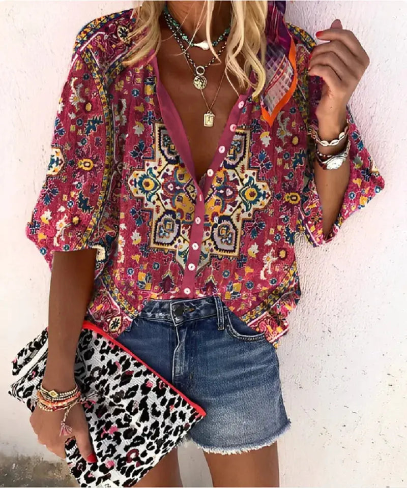 2024 New Women's Shirts & Blouses Fashion Vintage Printed Casual Vacation Bohemian Style Lady Single-breasted Shirt Streetwear - Mein Shop