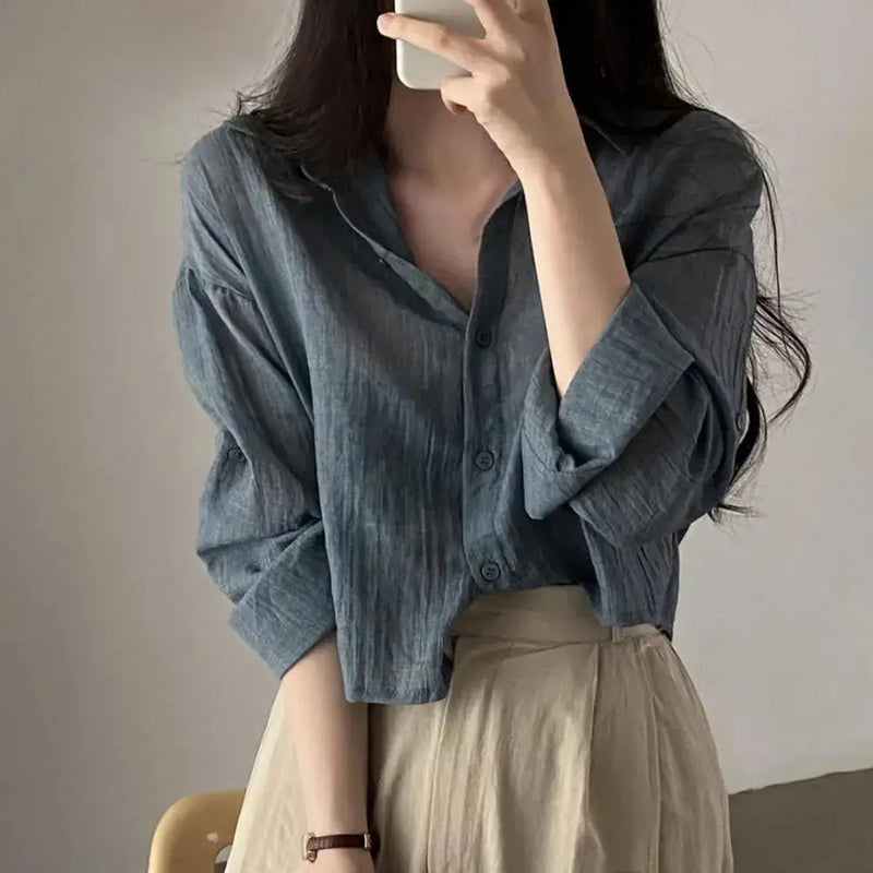 Women Shirt Turn Down Collar Cardigan Shirt Women Solid Color Sun Shirt - Mein Shop