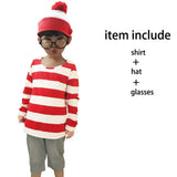 Waldo Book Week Fancy Dress Where's Wally Family Matching Parent-Child Costume Red White Stripe Shirt +Hat +Glasses Girls Boys - Mein Shop