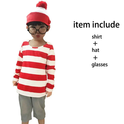 Waldo Book Week Fancy Dress Where's Wally Family Matching Parent-Child Costume Red White Stripe Shirt +Hat +Glasses Girls Boys - Mein Shop