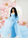 Schwangerenkleider Fotoshooting mit langen Ärmeln und V-Ausschnitt, elegante Mesh-Robe mit Bodenschleppe für Schwangerschaftsfotos und Babypartys