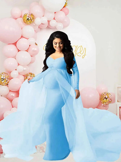 Schwangerenkleider Fotoshooting mit langen Ärmeln und V-Ausschnitt, elegante Mesh-Robe mit Bodenschleppe für Schwangerschaftsfotos und Babypartys
