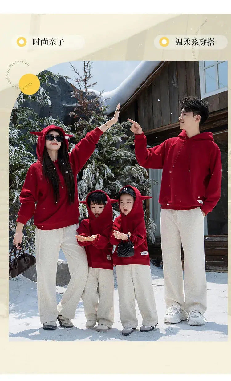 Funny Family Red Hoodies Ear Winter Warm Parent-child Clothes Dad Mom Daughter Son Matching Thick Hooded Sweatshirts Pants Sets - Mein Shop