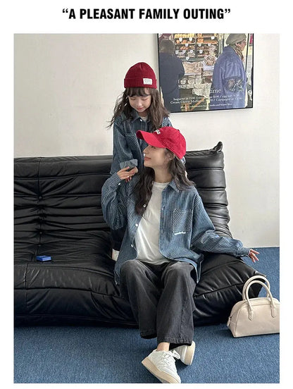 Family Cotton Denim Shirts Parent-child Fashion Clothes Mother and Daughter Jacket Korean Father and Son Same Stripe Coat Tops - Mein Shop