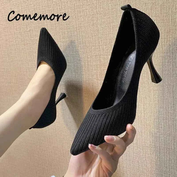 Comemore Comfortable Stilettos Dress Women's Shoes Spring 2023 Trend New Pointed High Heels Fashion Knitted Pumps Knitted Shoe