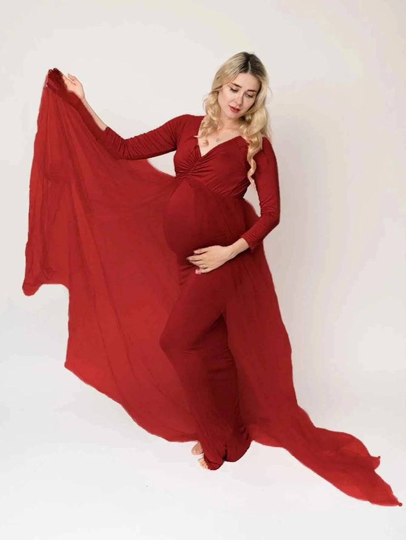 Schwangerenkleider Fotoshooting mit langen Ärmeln und V-Ausschnitt, elegante Mesh-Robe mit Bodenschleppe für Schwangerschaftsfotos und Babypartys