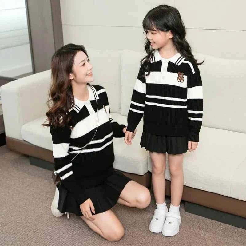 Sweater for The Whole Family Polo Knit Tops Fashion Mom and Daughter Child Girl Matching Jumper Dad and Son Baby Boy Knitwear