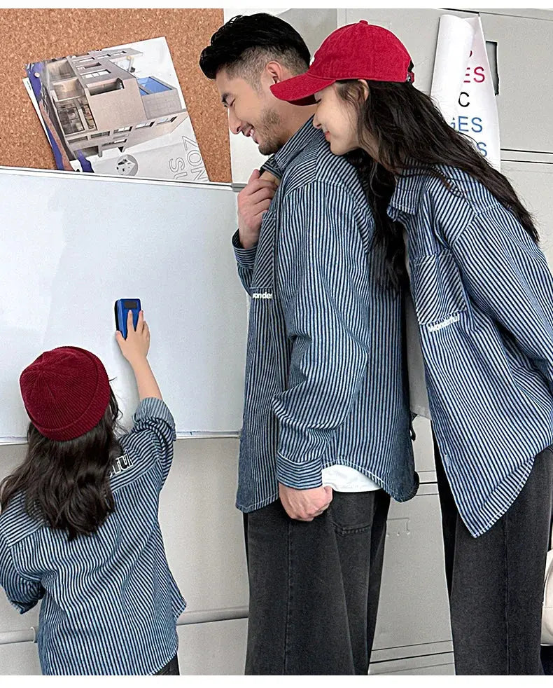 Family Cotton Denim Shirts Parent-child Fashion Clothes Mother and Daughter Jacket Korean Father and Son Same Stripe Coat Tops - Mein Shop