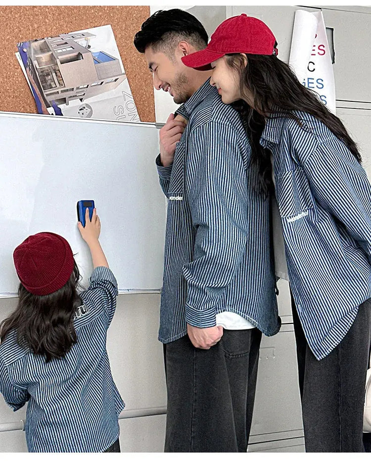 Family Cotton Denim Shirts Parent-child Fashion Clothes Mother and Daughter Jacket Korean Father and Son Same Stripe Coat Tops - Mein Shop