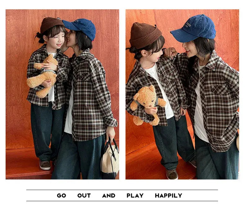 Equal Family Plaid Shirts Autumn Father Mother and Daughter Son Same Long Sleeve Tops Korean Vintage Parent-child Jacket Coat - Mein Shop