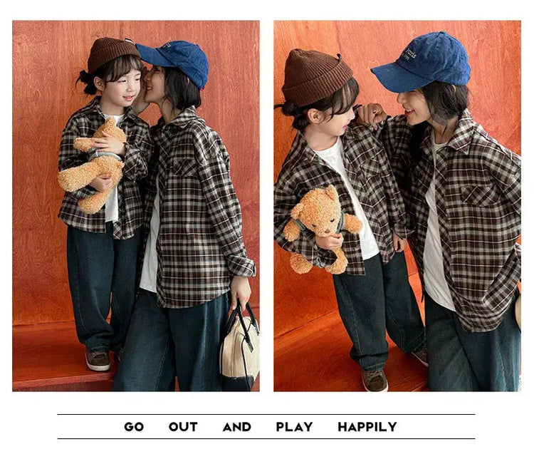Equal Family Plaid Shirts Autumn Father Mother and Daughter Son Same Long Sleeve Tops Korean Vintage Parent-child Jacket Coat - Mein Shop