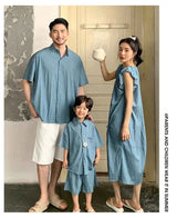 Family Matching Clothes for Brother Sister Mom Daughter Blue Dress Dad Son Clothing Korean Children Two Piece Set Couples Outfit
