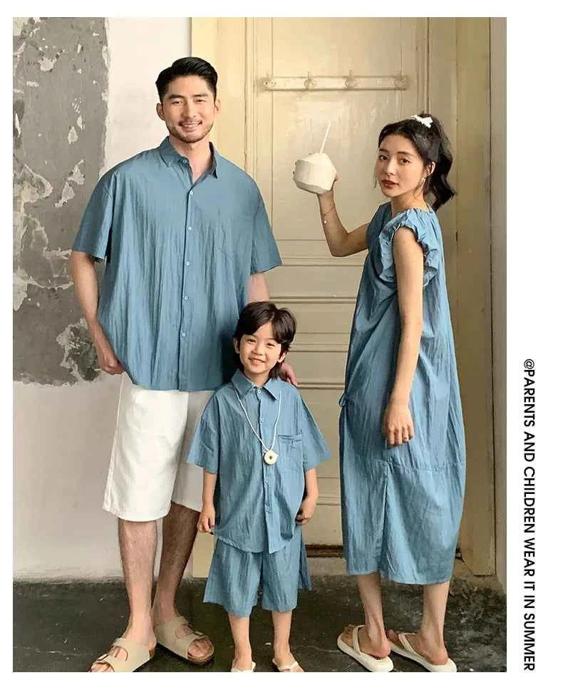 Family Matching Clothes for Brother Sister Mom Daughter Blue Dress Dad Son Clothing Korean Children Two Piece Set Couples Outfit