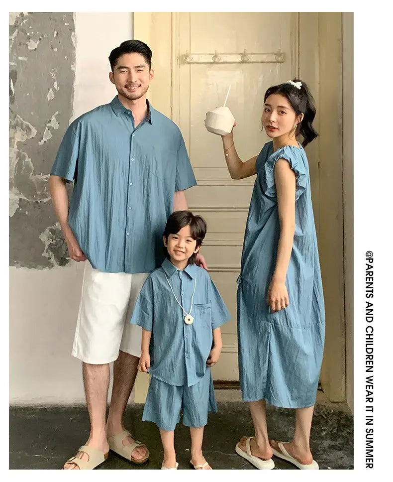Family Matching Clothes for Brother Sister Mom Daughter Blue Dress Dad Son Clothing Korean Children Two Piece Set Couples Outfit Mein Shop