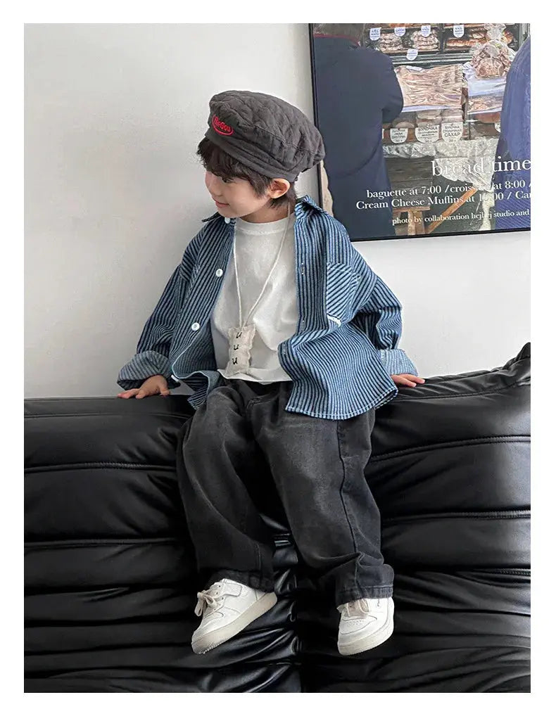 Family Cotton Denim Shirts Parent-child Fashion Clothes Mother and Daughter Jacket Korean Father and Son Same Stripe Coat Tops - Mein Shop