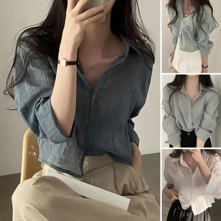 Women Shirt Turn Down Collar Cardigan Shirt Women Solid Color Sun Shirt