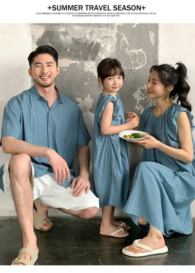 Family Matching Clothes for Brother Sister Mom Daughter Blue Dress Dad Son Clothing Korean Children Two Piece Set Couples Outfit Mein Shop