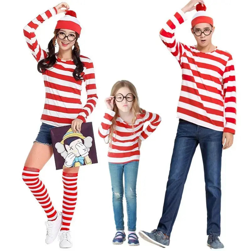 Waldo Book Week Fancy Dress Where's Wally Family Matching Parent-Child Costume Red White Stripe Shirt +Hat +Glasses Girls Boys - Mein Shop