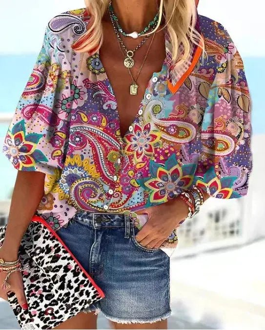 2024 New Women's Shirts & Blouses Fashion Vintage Printed Casual Vacation Bohemian Style Lady Single-breasted Shirt Streetwear - Mein Shop