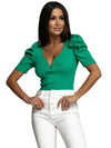 Women's Shirt Sexy Fashion Solid Color 2025 Spring Summer Short Sleeve Bubble Sleeve Slim Deep V-neck Personality Blouse Women - Mein Shop