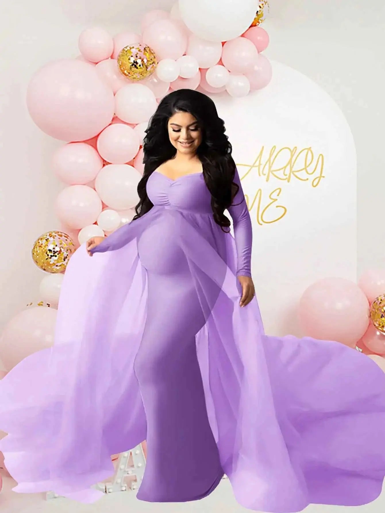 Schwangerenkleider Fotoshooting mit langen Ärmeln und V-Ausschnitt, elegante Mesh-Robe mit Bodenschleppe für Schwangerschaftsfotos und Babypartys