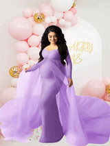 Schwangerenkleider Fotoshooting mit langen Ärmeln und V-Ausschnitt, elegante Mesh-Robe mit Bodenschleppe für Schwangerschaftsfotos und Babypartys