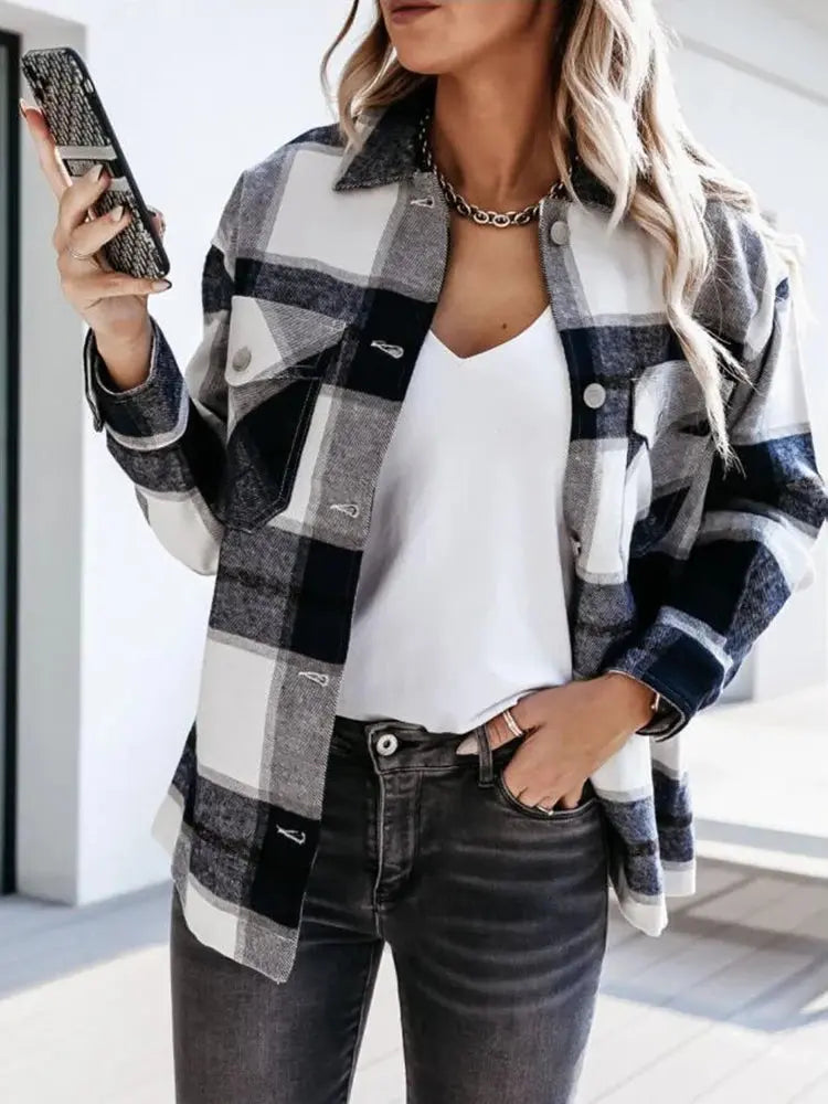 Shirts For Women Plaid Long Sleeve Button Up Shirt Collared Tops And Blouse 2024 Autumn Spring Fashion Loose Casual Black White - Mein Shop