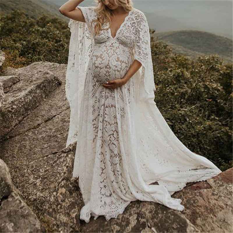 Umstandskleid mit Spitzenärmel - Maternity Batwing Sleeve V-Ausschnitt Langes Kleid für schwangere Frauen, ideal für Fotoshootings und als Requisit